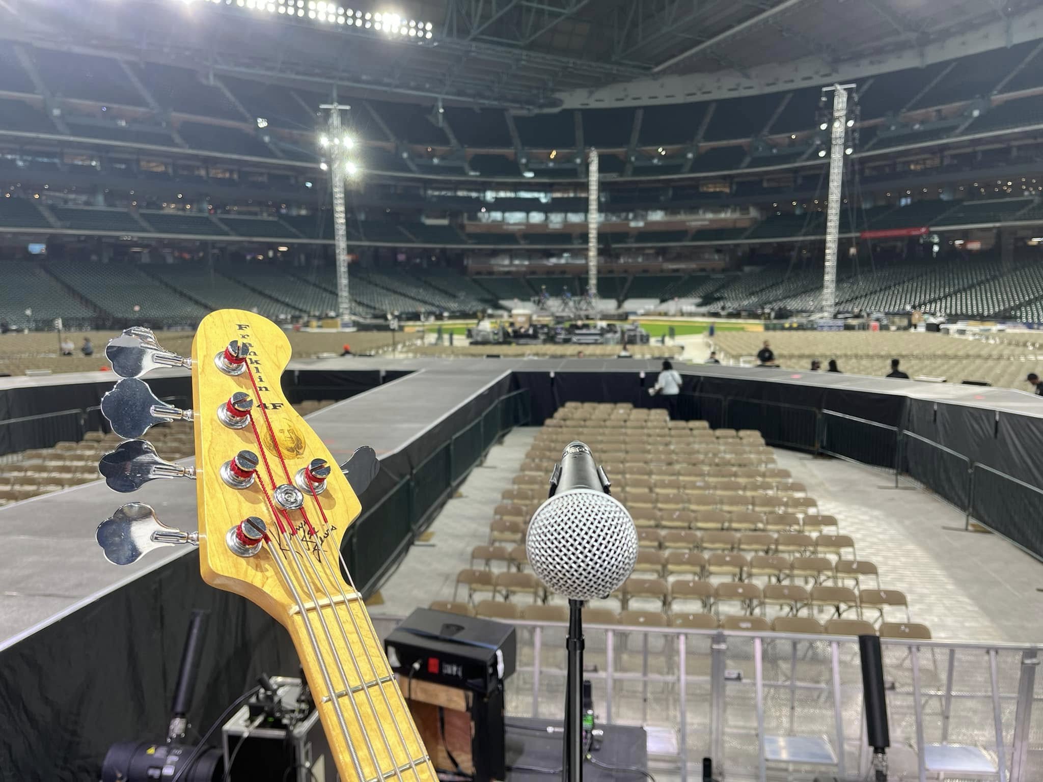 Bass guitar at stadium soundcheck